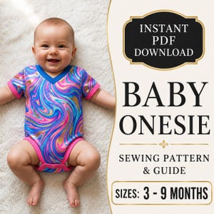 May include: A baby onesie featuring a vibrant blue, pink, and gold marbled swirl pattern with a V-neckline and pink trim. The text reads: INSTANT PDF DOWNLOAD BABY ONESIE SEWING PATTERN & GUIDE SIZES: 3 - 9 MONTHS.