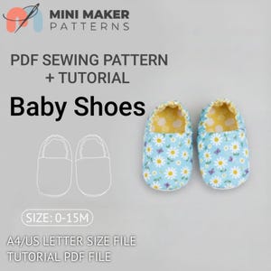 May include: A pair of baby shoes with a blue floral pattern, white daisies, and purple butterflies. The shoes have a yellow interior and are next to a line drawing of the shoe. The text reads "Baby Shoes" and "PDF Sewing Pattern + Tutorial".