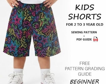 Patrón de costura en PDF para principiantes de pantalones cortos para niños, pantalones cortos para niños pequeños de 2 a 3 años, tutorial de ropa de verano unisex para niños, tamaño A4 (tamaño carta estadounidense).