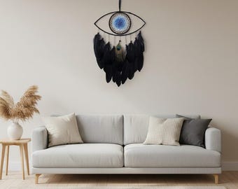Ethnic Boho Wall Decor | Black Feather Dreamcatcher with Blue Eyes D25