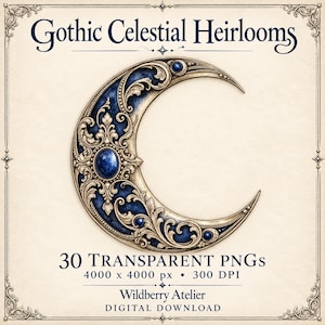 Op de afbeelding: Een digitale afbeelding van een halve maan met versierd goud filigraan en donkerblauwe edelsteenaccenten. De tekst luidt: Gothic Celestial Heirlooms, 30 TRANSPARENT PNGs, 4000 x 4000 px, 300 DPI, Wildberry Atelier, DIGITAL DOWNLOAD.