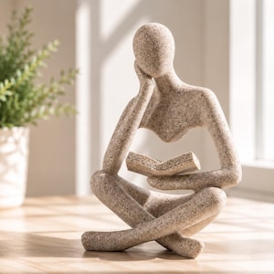 Peut inclure: Une sculpture abstraite beige et mouchetée représentant une silhouette assise en tailleur. La silhouette a une tête lisse et arrondie reposant sur une main, tandis que l'autre main tient un livre ouvert sur ses genoux, le tout en pierre texturée.