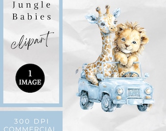 May include: Watercolor illustration featuring a giraffe and a lion cub in a light blue vintage car. The image includes the text "Jungle Babies clipart" and "1 IMAGE". The bottom of the image reads "300 DPI COMMERCIAL USE".
