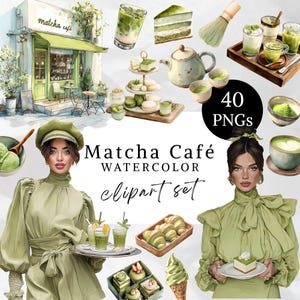 May include: Watercolor clipart set featuring matcha-themed illustrations. The image includes a matcha cafe, drinks, pastries, and two women in green dresses. The text on the image says "Matcha Cafe Watercolor Clipart Set" and "40 PNGs".