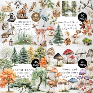 Op de afbeelding: Een verzameling aquarel clipart sets met bos thema's. De sets bevatten bosdieren, natuurelementen, bomen en paddenstoelen. Elke set is gelabeld met het aantal PNG's, zoals "40 PNG's" en "35 PNG's". De tekst "Cottagecore Forest Animals" is zichtbaar.