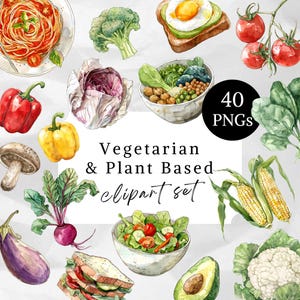 May include: Watercolor illustrations of various vegetarian and plant-based foods, including pasta, vegetables, and sandwiches. The image includes text that reads "Vegetarian & Plant Based clipart set" and "40 PNGs".