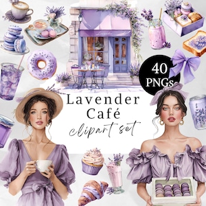 May include: Watercolor clipart set featuring a lavender cafe theme. The image includes illustrations of a cafe, food items like macarons and croissants, and two women. The text "Lavender Cafe clipart set" is also present, along with a "40 PNGs" graphic.