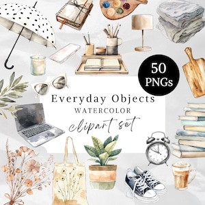 May include: Watercolor clipart set featuring everyday objects. Includes a laptop, sunglasses, a tote bag, a potted plant, sneakers, a coffee drink, a stack of books, and a black and white polka dot umbrella. The text reads "Everyday Objects Watercolor Clipart Set" and "50 PNGs".