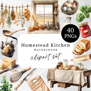 Può includere: Set di clipart ad acquerello con tema cucina di campagna. L'immagine include vari oggetti da cucina come una teiera, un tagliere, uova, pane e barattoli di marmellata. Il testo sull'immagine dice "Homestead Kitchen Watercolor Clipart Set" e "40 PNGs".