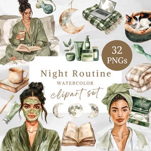 Può includere: Set di clipart ad acquerello intitolato "Night Routine" con illustrazioni di articoli per la cura di sé, un laptop, un gatto e donne. Il set include immagini di prodotti per la cura della pelle, libri e una coperta accogliente. Le immagini sono in tonalità di verde, marrone e bianco.