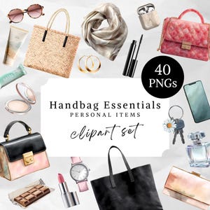 Può includere: Una collezione di elementi essenziali per la borsa, tra cui una borsa tote in paglia, occhiali da sole, una borsa trapuntata rosa, una borsa tote nera e una varietà di prodotti di bellezza. L'immagine presenta anche un orologio, un rossetto e uno smartphone. Il testo recita "Handbag Essentials, Personal Items, Clipart Set."