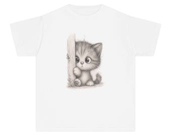 Camiseta juvenil con estampado de gatito tímido y gato espiando / Camiseta con ilustración de gato dibujada a mano con lápiz