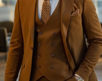 Bruin driedelig pak, slim fit - bruiloft, verloving, feestkleding (aangepaste maten)