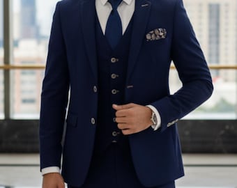 Driedelig blauw pak – slimfit bruilofts-, bruidegomkleding en feestkleding