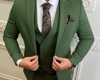 Green Three-Piece Suit Slim Fit, Jacket, Vest & Trousers (Custom Sizes)