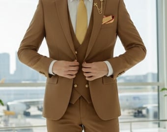 Driedelig slim-fit herenpak camelkleurig – bruiloften en feesten