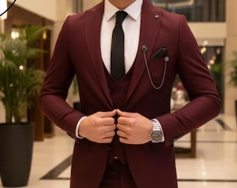 Driedelig bordeauxrood herenpak – slim fit bruilofts- en gelegenheidskleding (aangepaste maat)