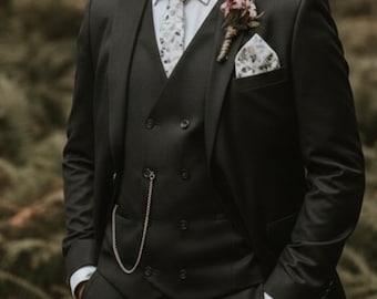 Driedelig slim-fit kostuum: zwart jasje, hemd, broek, bruilofts- en gelegenheidskleding