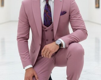 Driedelig herenkostuum: slim-fit roze (jas, hemd, broek) (bruiloft en formeel)