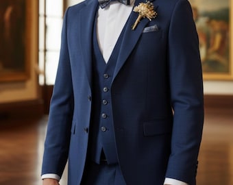 Marineblauw driedelig slim-fit formeel colbert, vest en broek voor heren