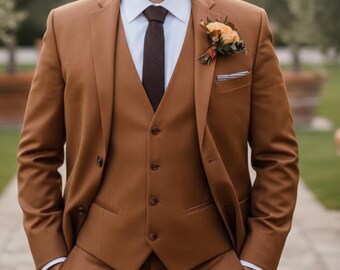 Driedelig herenkostuum: roestkleurige slim-fit pasvorm (jas, hemd en broek)