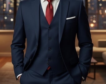Slim-fit driedelig marineblauw herenkostuum (jas, hemd, broek) Bruilofts- en evenementkleding