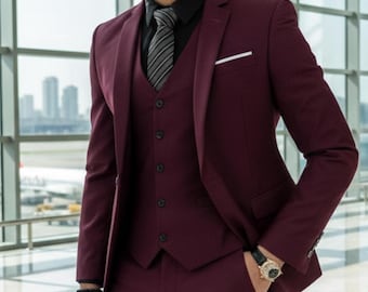 Driedelig bordeauxrood kostuum voor heren – slim fit bruilofts- en gelegenheidskleding (aangepaste maat)