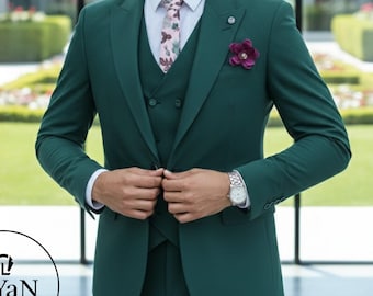 Groen slim-fit driedelig herenpak: jasje, vest en broek (bruiloft, schoolbal, bruidegom)