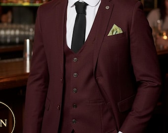 Driedelig herenpak - slim fit wijnrood: stijl bruiloft en bruidegom (aangepaste maat)
