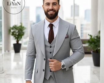 Grey Three Piece Men's Suit, Notch Lapel for Weddings & receptions