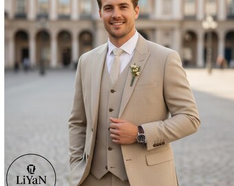 Slim-fit kostuum Beige driedelig, bruiloft, feestkleding