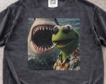 Vintage Washed Dark Humor Shirt: Smoking Frog Meme T-shirt, Shark Attack Parody Comfort Colors® Tee, Cinematic Retro Graphic Shirt