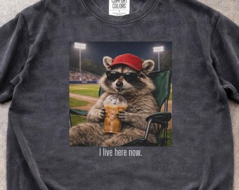Raccoon I live Here Now Shirt: Raccoon Drinking Iced Coffee Graphic T-shirt, Ballfield Dark Vibe Comfort Colors® Shirt, Baseball Mama Tee