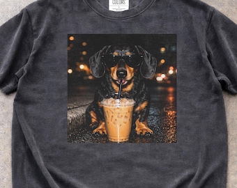 Funny Dachshund Drinking Iced Coffee Shirt: Animal Meme Graphic Comfort Colors Tee