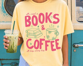 Books and Coffee Comfort Colors Shirt: Trendy Book Lover Tee, Coffee Lover Bookish Tshirt, Bookworm Caffeinated Mom Gift