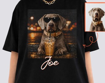 Custom Pet Photo Shirt: Personalized Drinking Coffee Ironic Dog Shirt, Vintage Graphic T-Shirt, Sarcastic Dog Dad Gift