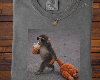 Baby Monkey Punch Drinking Iced Coffee Shirt: Animal Lover Comfort Colors® Gift Tee, Monkey Punch Is Ok Trendy T-shirt