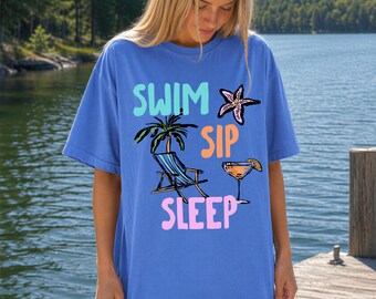 Sommarvibe-tröja: Bad, Sip, Sleep, Beach Day, Comfort Colors-tröja, Lake Weekend-outfit