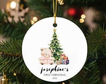 Personalized Baby’s First Christmas Ornament:Teddy Bear Holiday Tree Decoration, Kids Gift, Nursery Keepsake