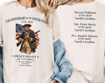 Personalized 250th Anniversary of the United States T-shirt, Descendant of a Patriot Tee, 1776–2026 Historic American Heritage Gift Shirt