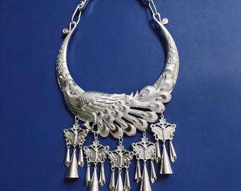 Miao Silver-Plated Choker Necklace| Intangible Cultural Heritage Handmade Ethnic Lovebird Collar | Chinese Minority Tribal Statement Jewelry