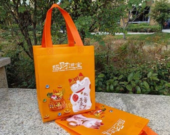 Custom Printed Tangerine Maneki Neko Tote Bag - Thick Waterproof Non-Woven Shopping Bag, Lucky Cat Gift Bag, Personalized Design Welcome