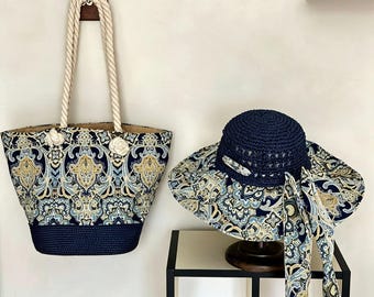 Handmade Raffia Hat and Bag Set, Navy Paisley Straw Tote & Wide Brim Sun Hat, Boho Beach Vacation Accessories, Summer Resort Wear Gift