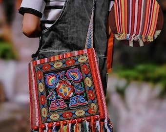 Chinese Miao Minority Intangible Cultural Heritage Embroidered Crossbody Bag | Bohemian Ethnic Handmade Shoulder Bag for Women