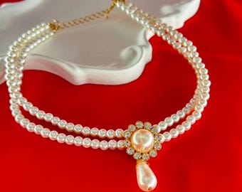 Handmade Pearl and Rhinestone Double Layer Necklace – Cute and natural, perfect for parties and gatherings with friends