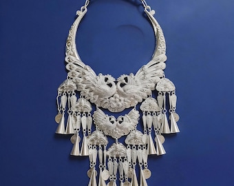 Miao Silver Plated Statement Choker Necklace, Chinese Ethnic Tribal Handmade Festival Collar Intangible Cultural Heritage Peacock Double-Fly