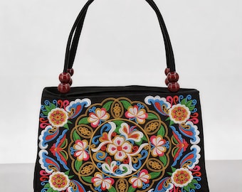 Miao Minority Intangible Cultural Heritage Double - Sided Embroidered Handbag | Chinese Ethnic Handmade Floral Tapestry Tote for Women