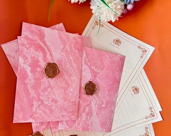Handmade Pink Gilded Envelope and Letter Set - Embossed Soft Leather Stationery, Vintage Love Letter Paper, INS Romantic Gift for Her