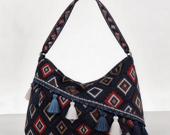 Miao Minority Intangible Cultural Heritage Embroidered Tote Bag | Chinese Ethnic Handmade Geometric Pattern Bag with Tassels | Bohemian