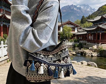 Miao Minority Intangible Cultural Heritage Embroidered Crossbody Bag | Chinese Ethnic Handmade Tribal Pattern Shoulder Bag for Women